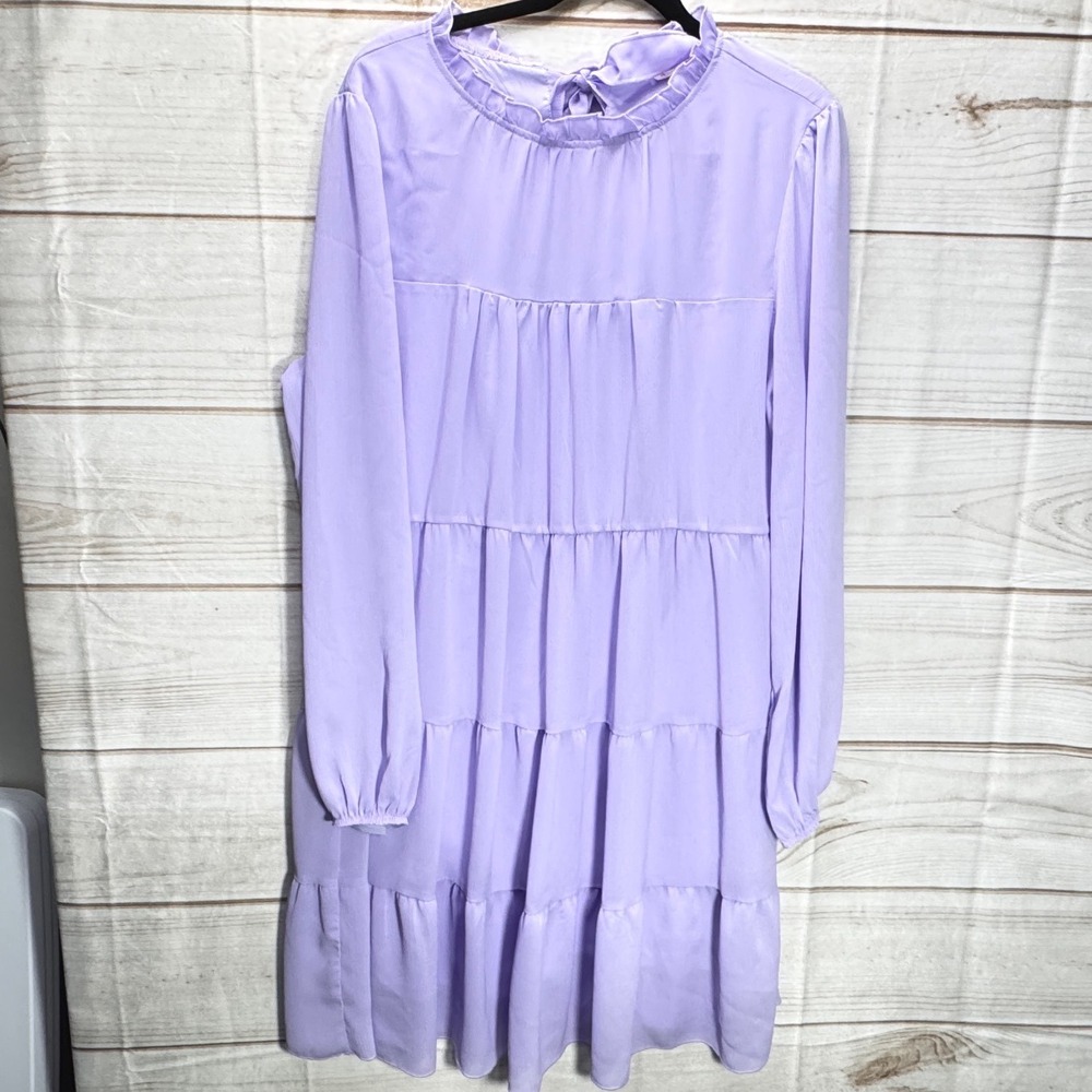 Kirundo Lavender Purple Tiered Babydoll Mini Dress Ruffle Neck Long Sleeve XL